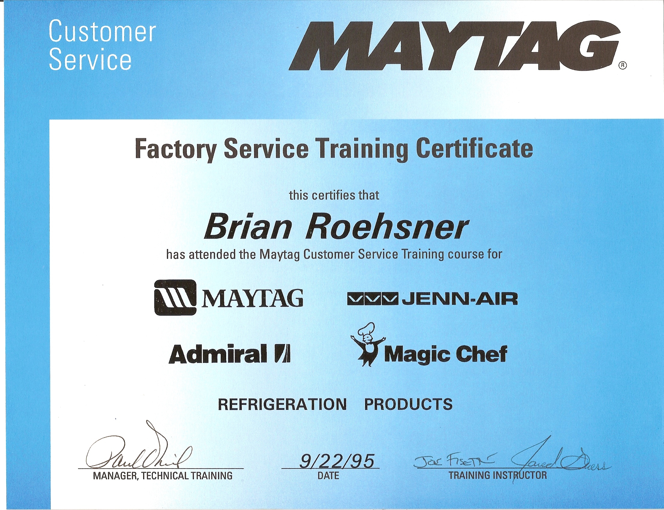 Brian Roehsner's Maytag Factory Training Certificate
